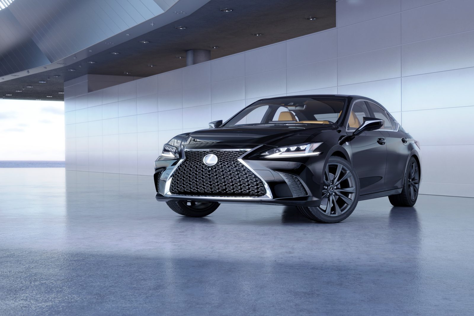 Almaty, Kazakhstan - February 20, 2019: The 2019 Lexus ES 350 F SPORT on futuristic background. Luxury sedan in modern studio light. 3d render Lexus ES