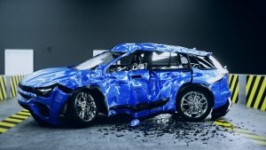 Destroyed car, crash test. 3d renderng. Top 10 safest cars