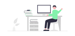 man at desk waving